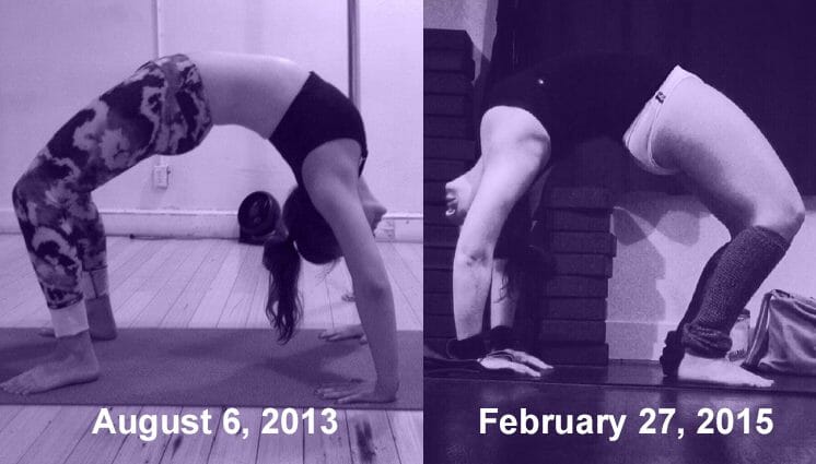 Split screen photos over blue lens with back bend progress between 2013 and 2015.