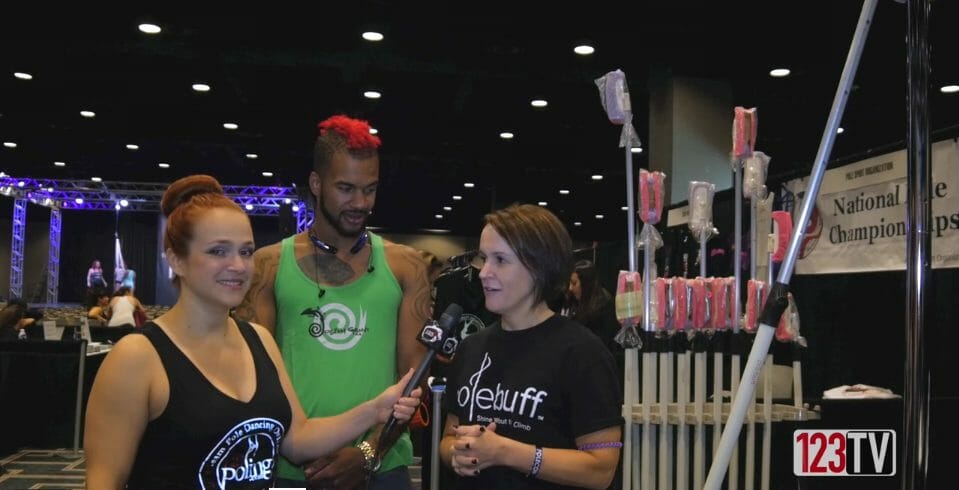 PoleBuff gets interviewed at their booth by 123TV during PoleCon.