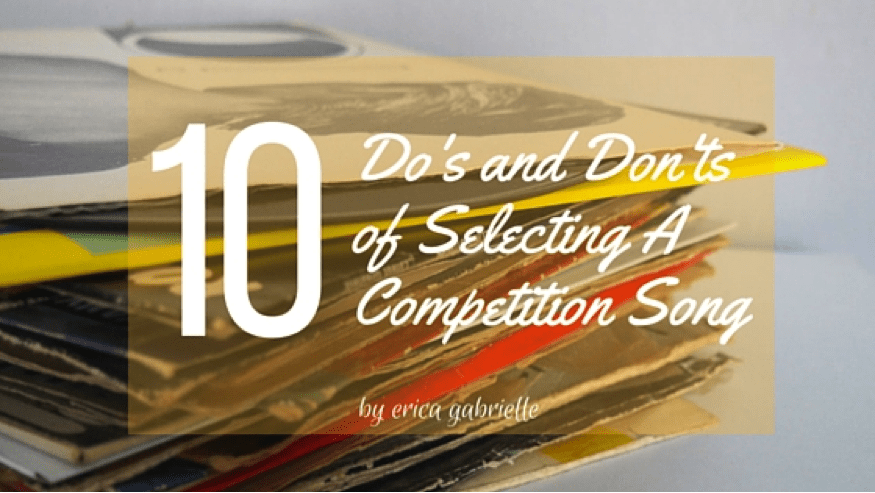 Stack of folders with text: 10 do's and don'ts of Selecting a Competition Song, by Erica Gabrielle