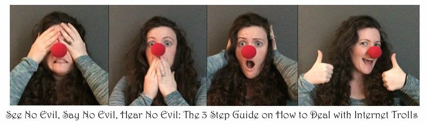 Series of photos of a woman wearing a clown nose: covering her eyes, then covering her mouth, then her ears, then giving a thumbs up.