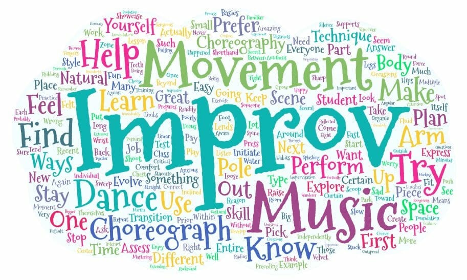 Word cloud of pole dance choreography words.