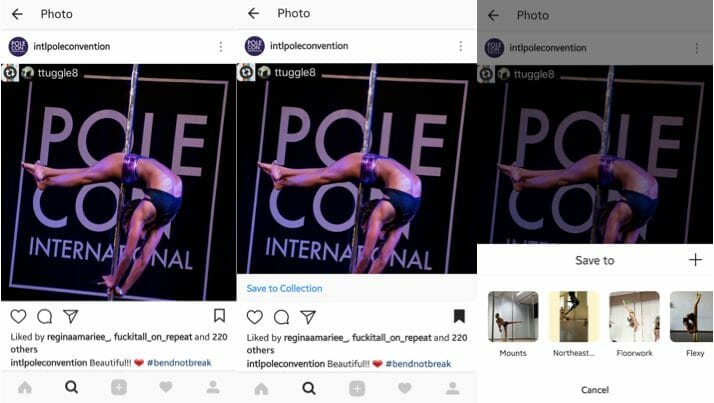 Screen shots of Instagram saves from PoleCon