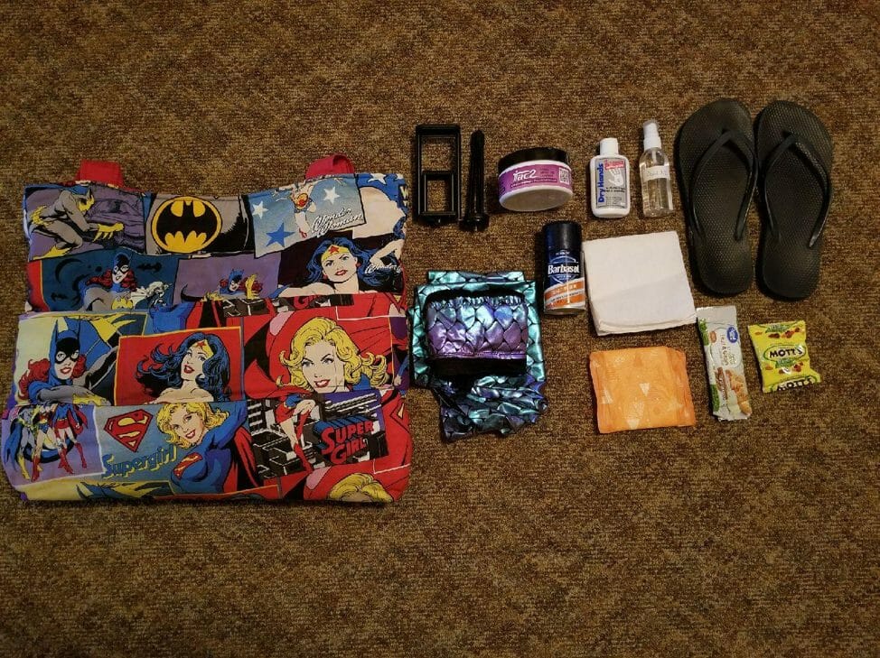 Contents of a pole bag; Tank top, grip aid, flip flops, snacks