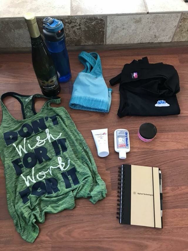 Contents of a pole bag; sports top, knee pads, grip aid, journal, water bottle