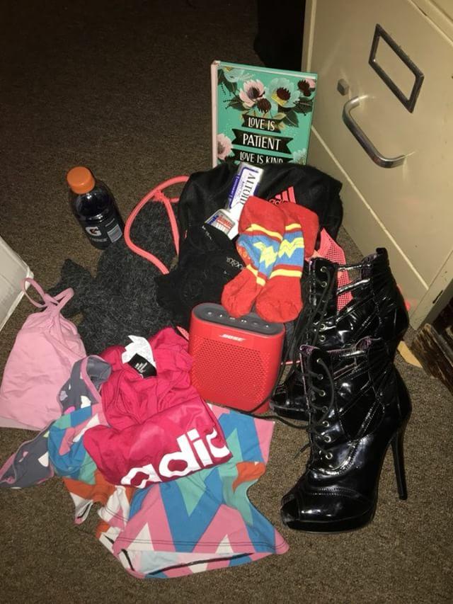 Contents of a pole bag; Tank top, grip aid, stilettoes, socks