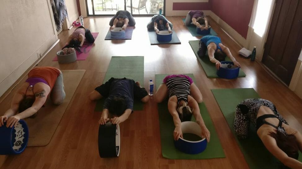 Yoga studio full of students stretching