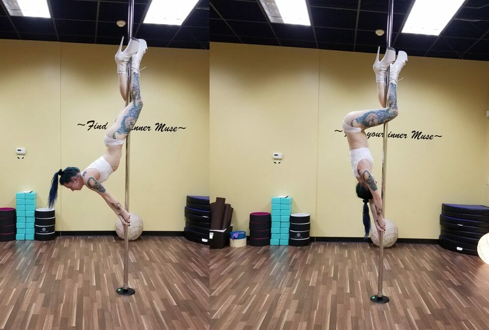 split photo of a pole dancer demonstrating two positions of the caterpillar climb/descent