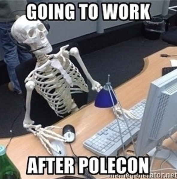 Fake skeleton sits at an office desk with text "Going to work after Polecon"