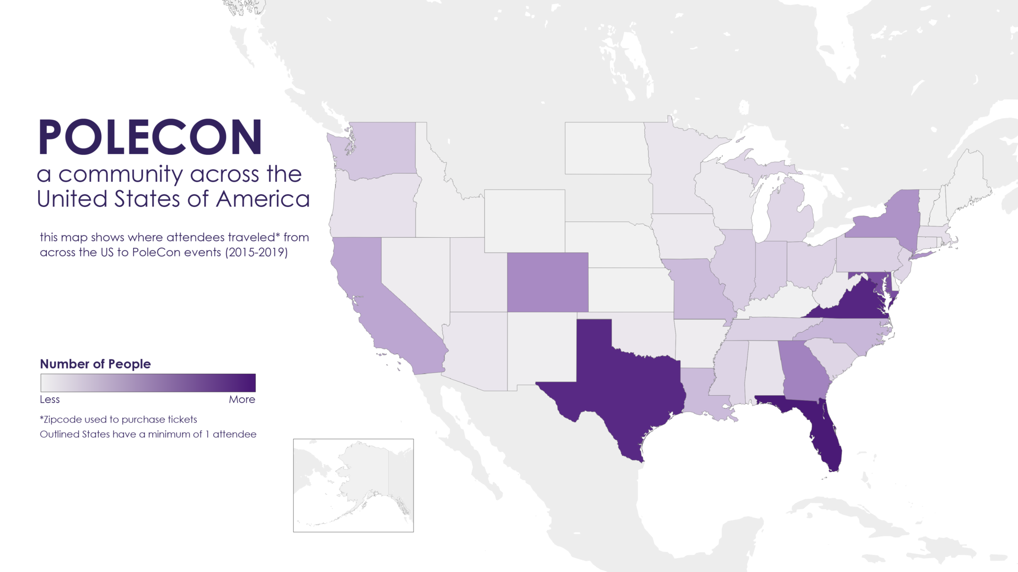 US Map with text: PoleCon a community across the United States of America. California, Virginia, Maryland, DC, Florida, Texas are highlighted darkest.