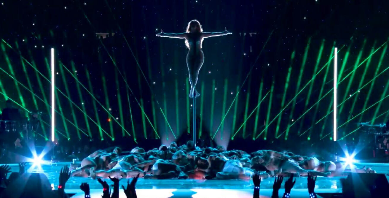 JLO at the top of the pole during her Superbowl halftime performance