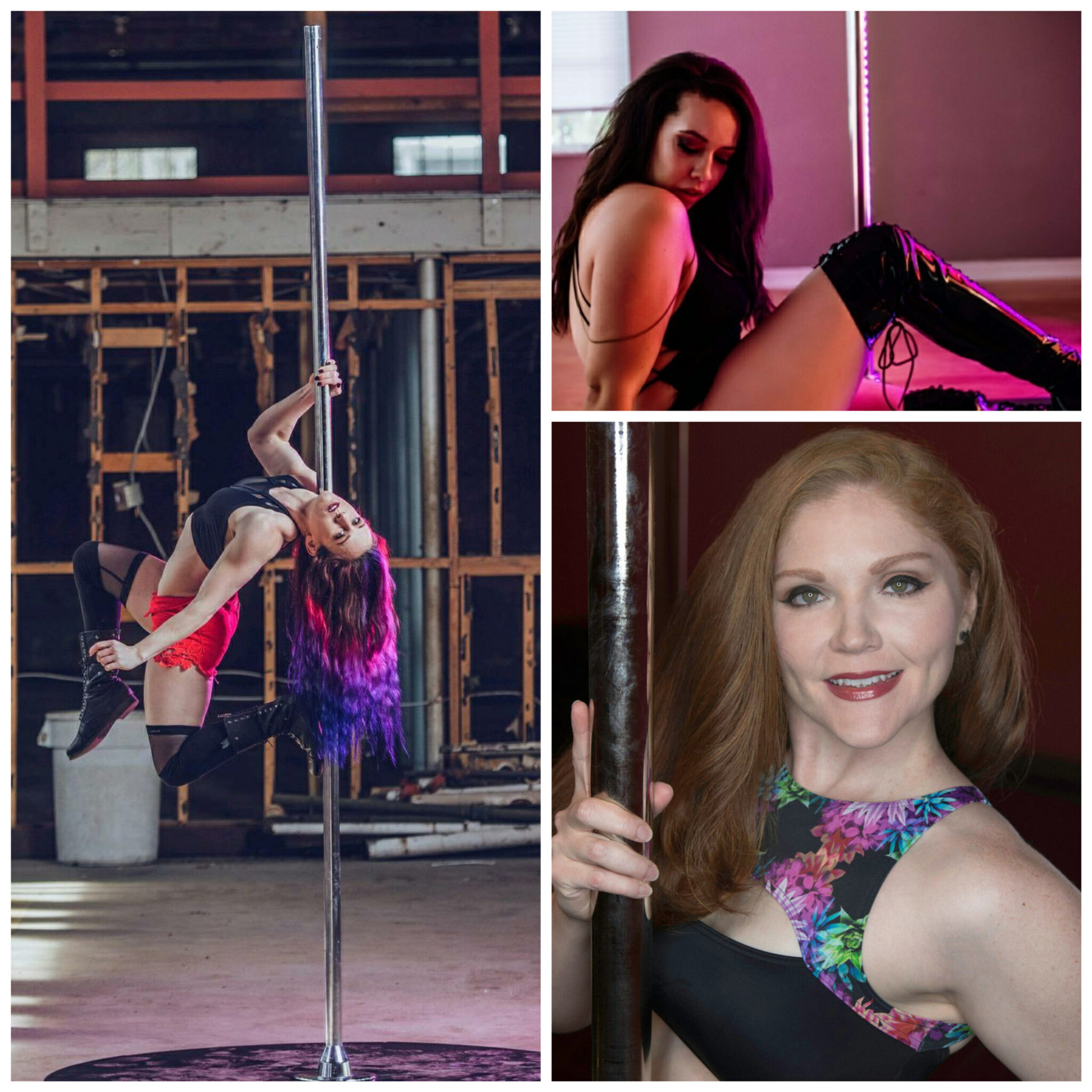 photo collage of three pole dancers, one on a portable stage pole, one doing floor work, and a head-shot of Colleen Jolly.