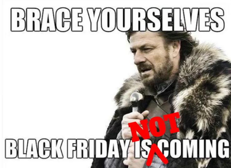 Viking holds sword in wind (mem) with text "Brace yourselves, black Friday is Not Coming"