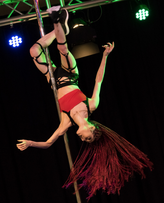 Dancer demonstrates a Scorpio / inside leg hang while hair flips around the pole.