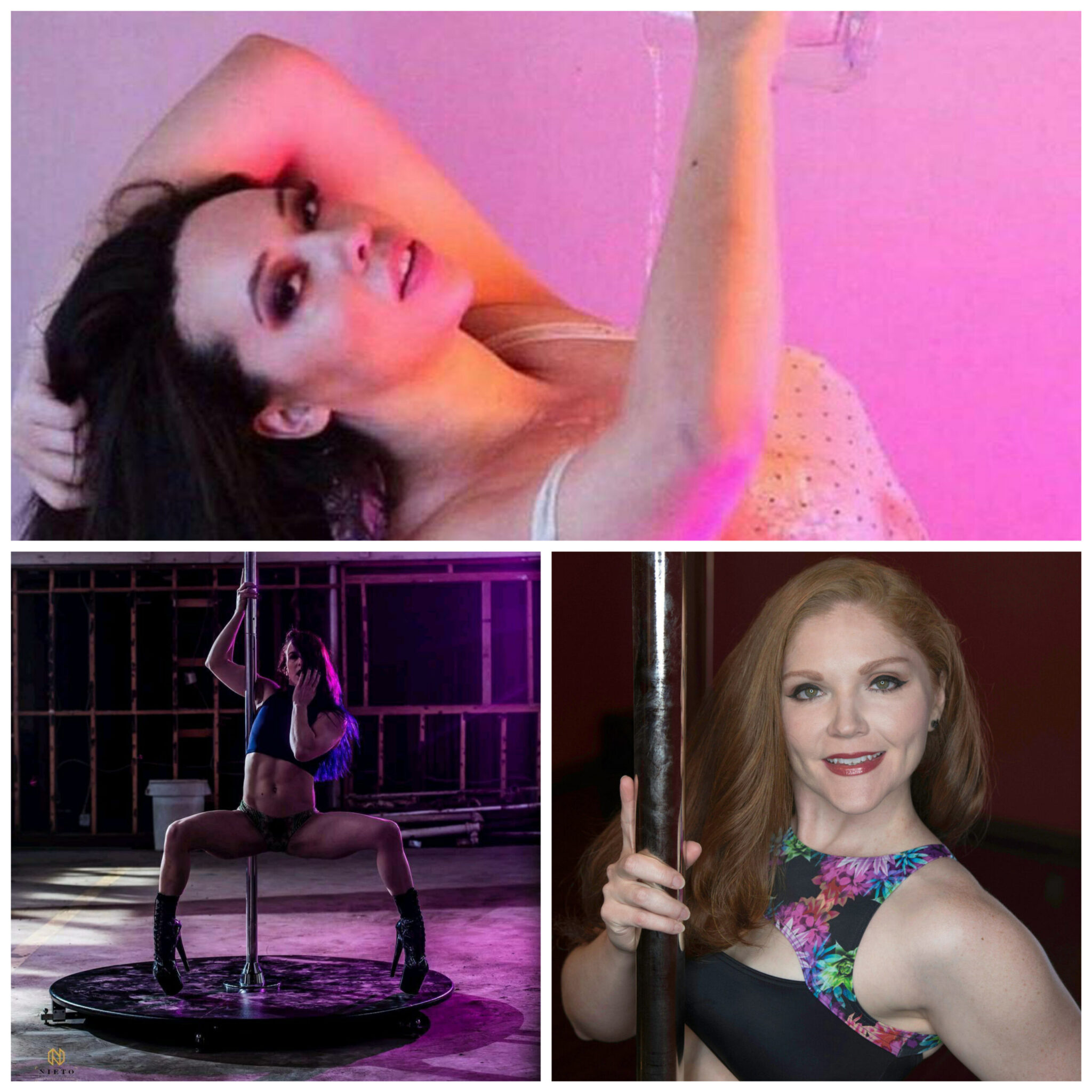 three split screen images, two head-shots, one of a dancer with stage pole, another pouring liquid across her chest, the third is a headshot of Colleen Jolly.