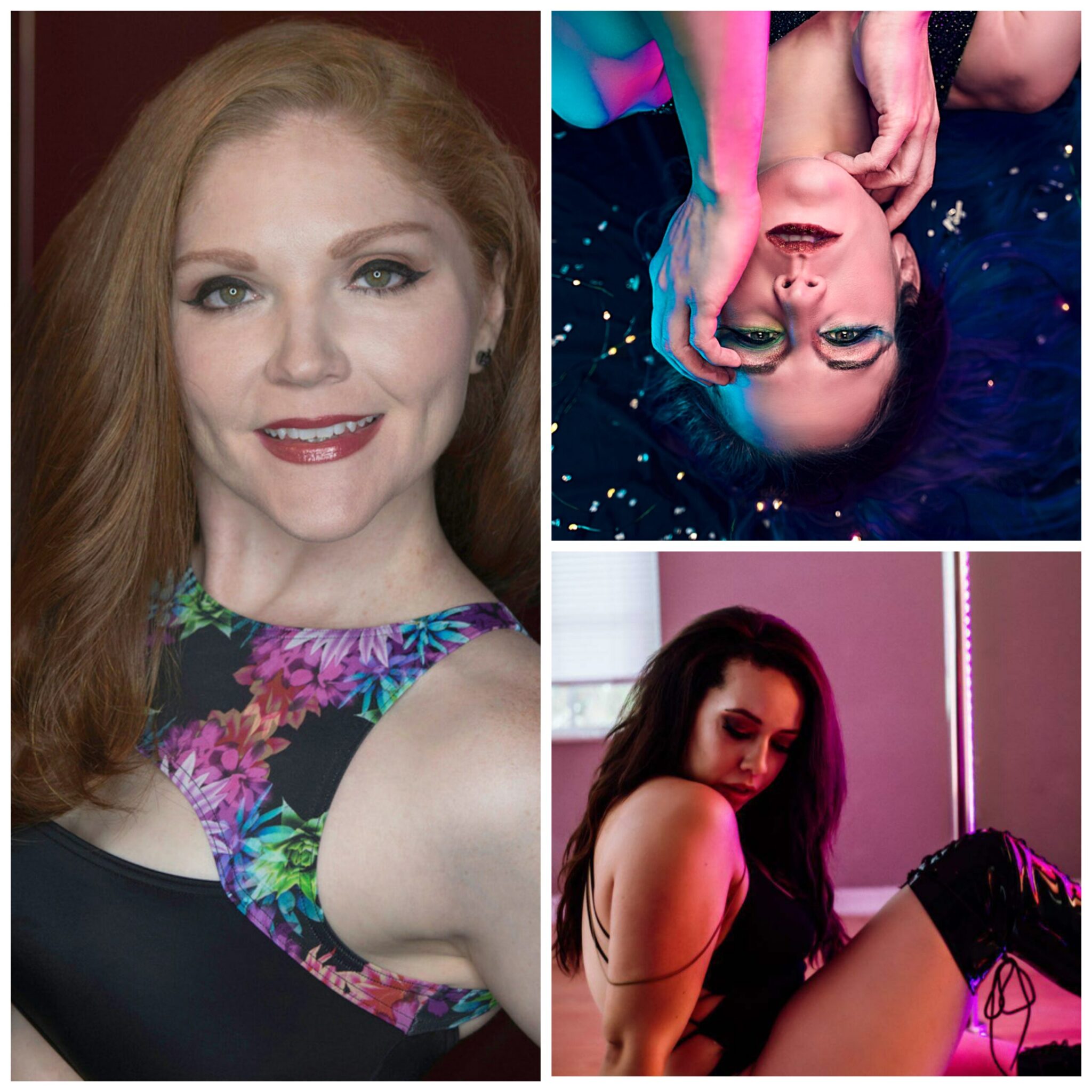 Three split images of pole dancers' head-shots.