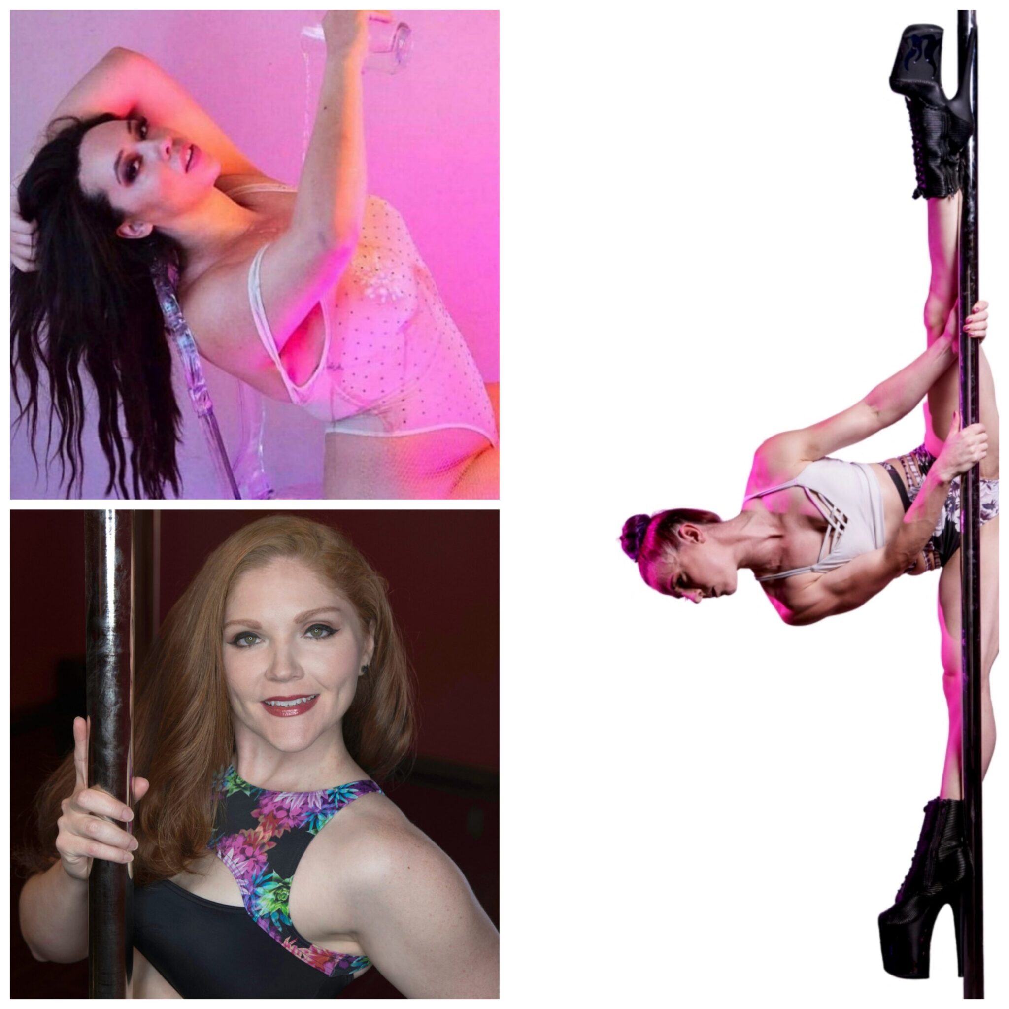three images, two pole dancer head-shots and one doing pole splits.