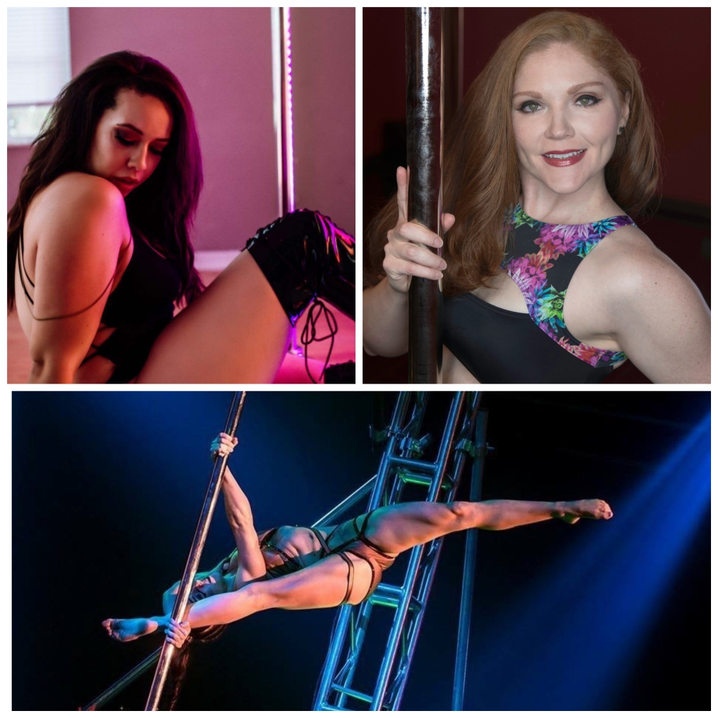 Split screen of three images, one dancer sitting on the floor, head-shot of Colleen Jolly, one Pole Dancer doing pole splits.