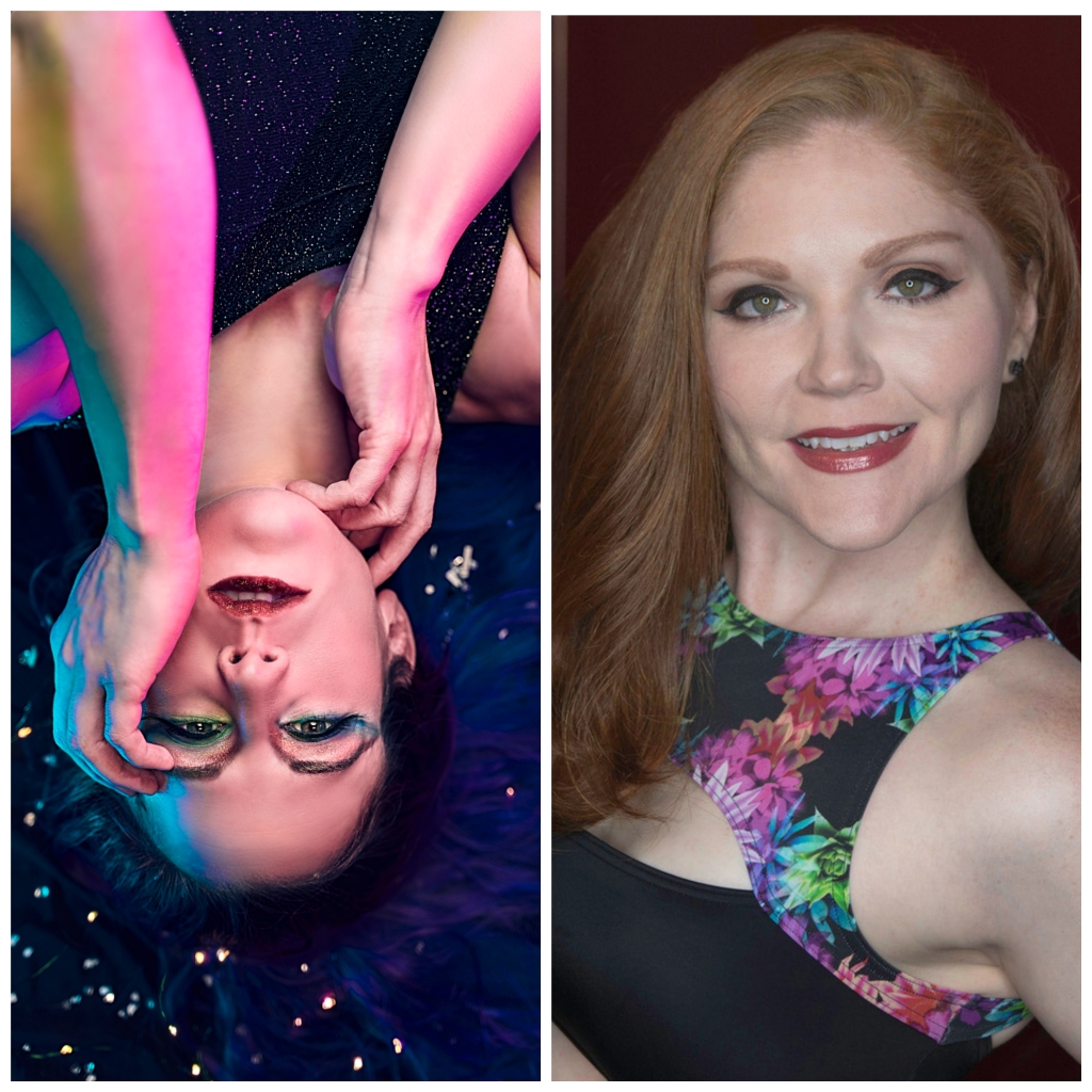 Head shots of two pole dancers, on right-side up, the other upside-down.