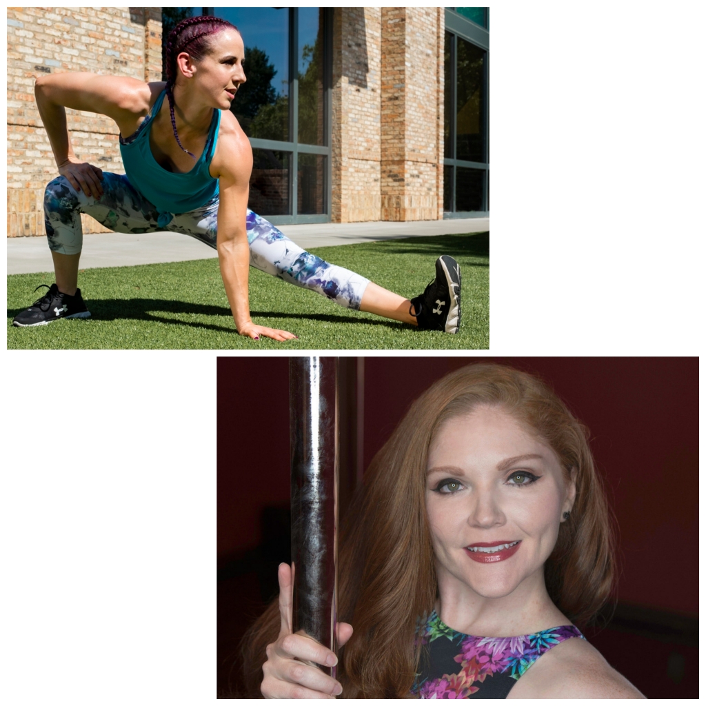Two images, one a head-shot of Colleen Jolly and the other an athlete stretching on the grass.