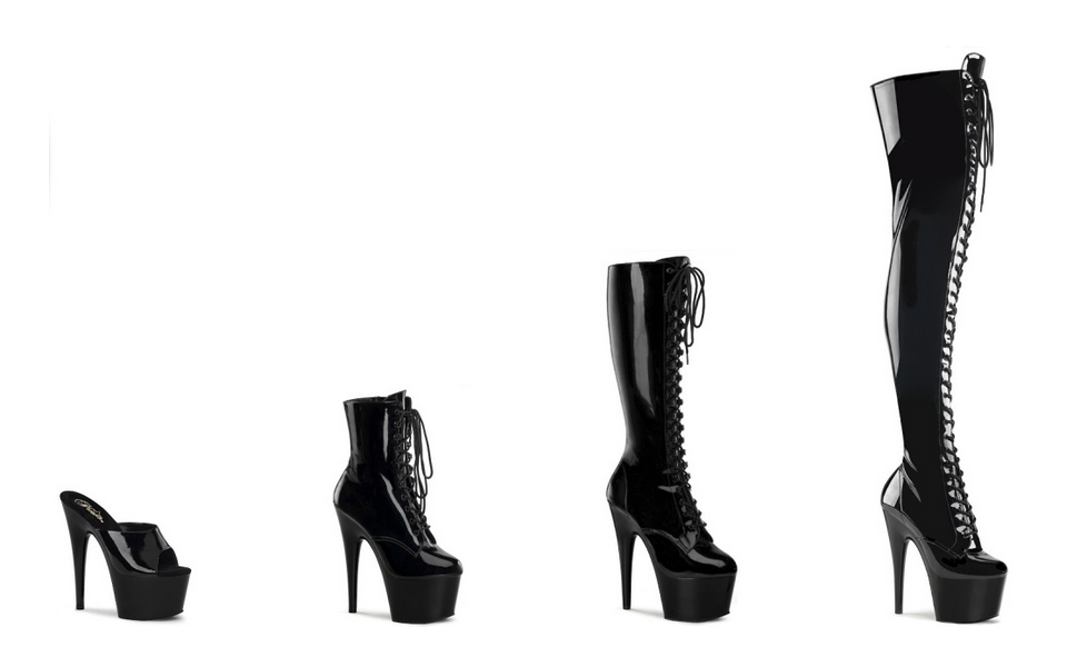 images of patent leather pole shoes getting increasingly taller, from open toe to thigh high boots.