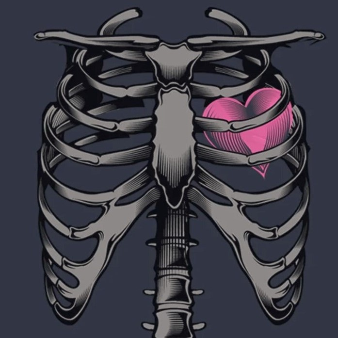 image of skeleton with heart superimposed in the center.