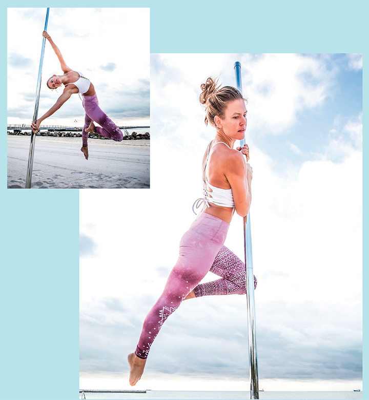Stephanie Tallant, pole dancer, performs against a blue sky. 